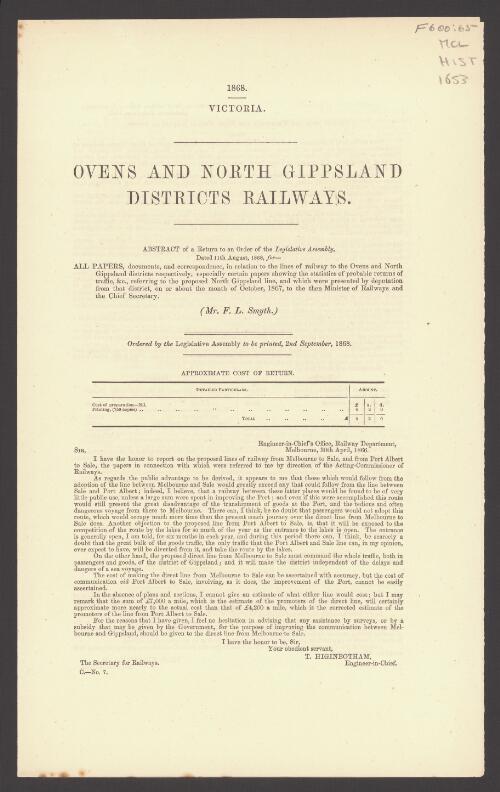 Ovens and North Gippsland districts railways : abstract of a Return to an Order of the Legislative Assembly, dated 11th August, 1868
