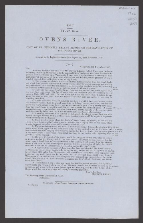 Ovens River : copy of Mr. Engineer Ryley's report on the navigation of the Ovens River