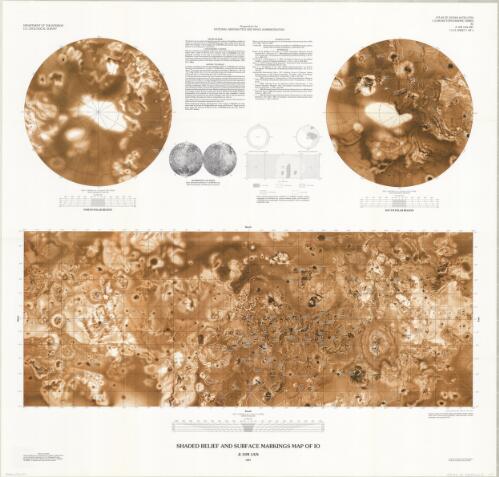 Shaded relief and surface markings map, shaded relief map, and controlled photomosaic of Io [cartographic material] / Department of the Interior, U.S. Geological Survey ; prepared for the National Aeronautics and Space Administration