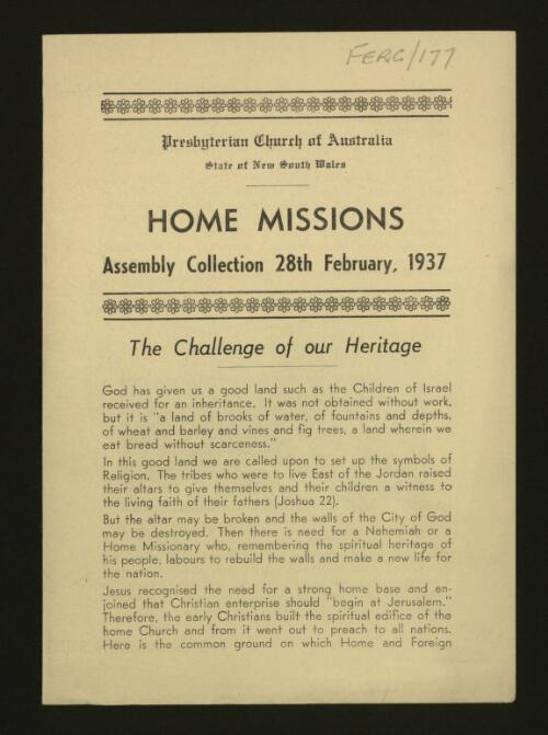 Home missions : Assembly collection 28th February, 1937 / Presbyterian Church of Australia, State of New South Wales