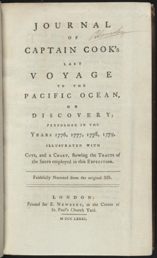 Journal of Captain Cook's last voyage to the Pacific Ocean on Discovery : performed in the years 1776, 1777, 1778, 1779, illustrated with cuts, and a chart, shewing the tracts of the ships employed in this expedition : faithfully narrated from the original MS