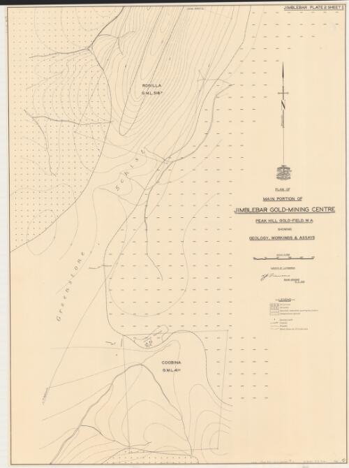 Plan of main portion of Jimblebar Gold-Mining Centre, Peak Hill Gold-Field, W.A. [cartographic material] : showing geology, workings & assays / Aerial, Geological and Geophysical Survey, Northern Australia ; survey by J. C. Thompson