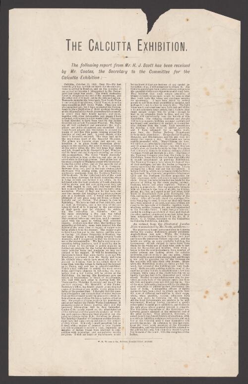 The Calcutta Exhibition : the following report from Mr. H.J. Scott has been received by Mr. Coates, the secretary to the Committee for the Calcutta Exhibition