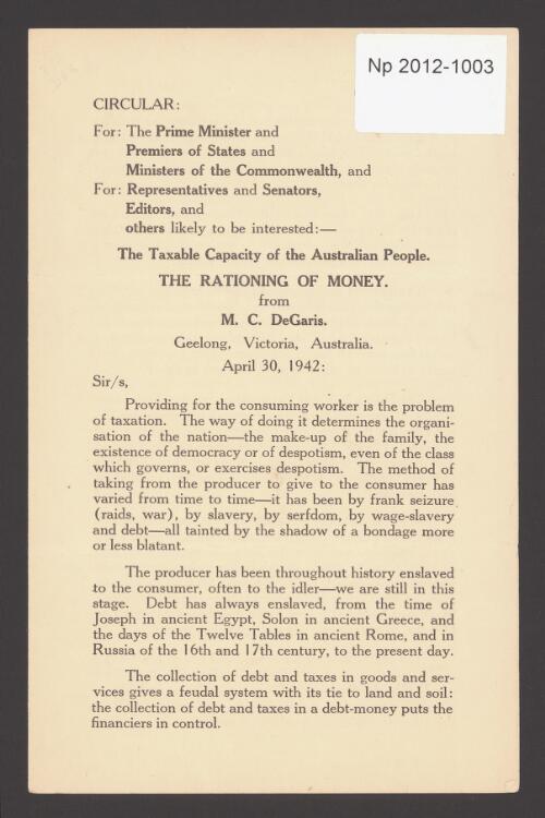 The rationing of money : the taxable capacity of the Australian people / M.C. DeGaris