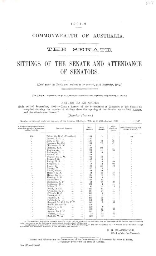 Senate - sitting of the Senate and attendance of Senators - return to an order - 1902