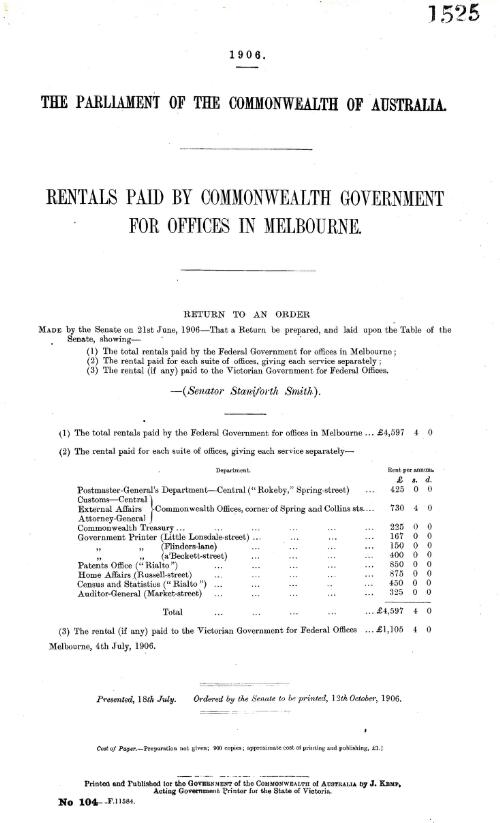 Rental paid by Commonwealth government for Offices in Melbourne