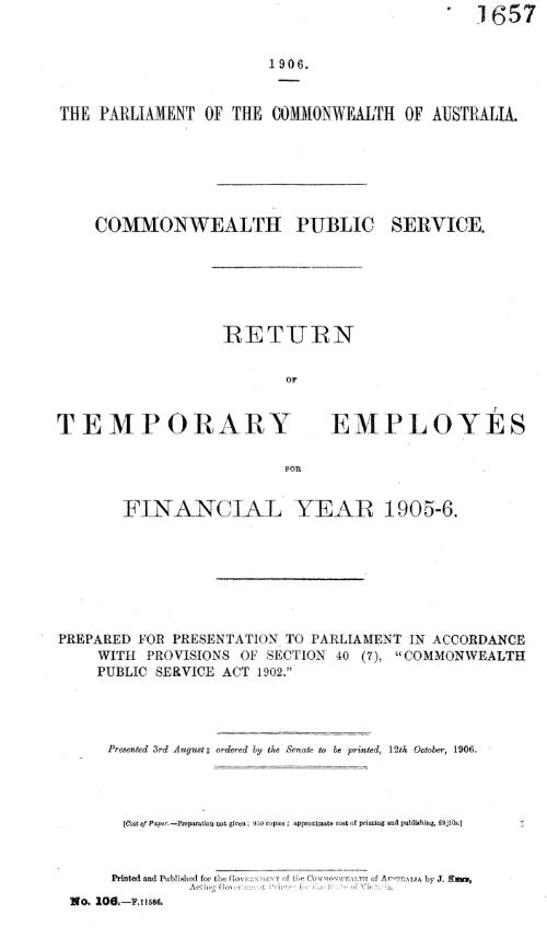 Return of temporary employés for financial year 1905-6. : Prepared for presentation to parliament in accordance with provisions of Section 40 (7), "Commonwealth Public Service ACt 1902."
