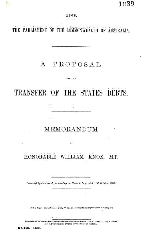 A proposal for the transfer of the States debts. : Memorandum by Honorable William Knox, M.P