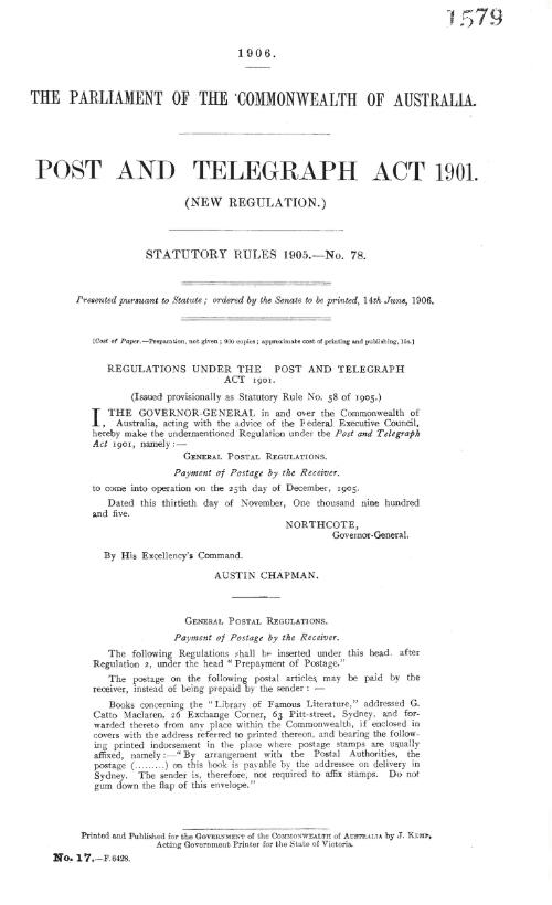 Post and Telegraph Act 1901 - (New regulation) - Statutory rules 1905. - No. 78