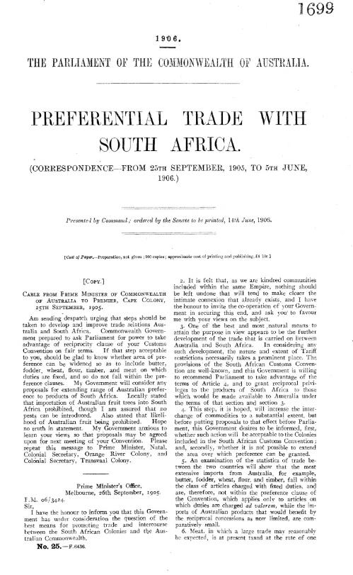 Preferential trade with South Africa. : (Correspondence --from 25th September, 1905 to 5th June, 1906.)