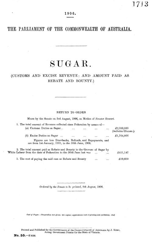 Sugar. : (customs and excise revenue; and amount paid as rebate and bounty.)