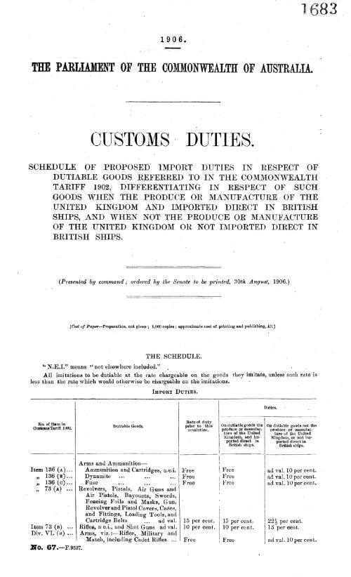 Customs duties. : Schedule of proposed import duties in respect of dutiable goods referred to in the Commonwealth Tariff 1902, differentiating in respect of the United Kingdom and imported direct in British ships, and when not the produce or manufature of the United Kingdom or not imported direct in British ships