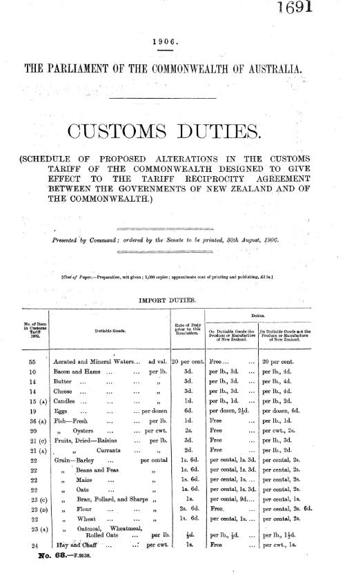 Custom duties. : (Schedule of proposed alterations in the Customs Tariff of the Commonwealth/designed to give effect to the tariff reciprocity agreement between the Governments of New Zealand and of the Commonwealth.)