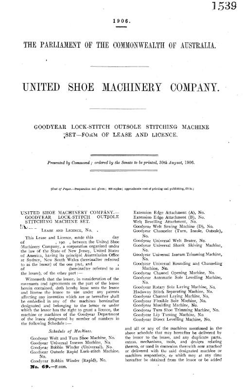United Shoe Machinery Company. : Goodyear lock-stitch outsole stitching machine set--form of Lease and Licence