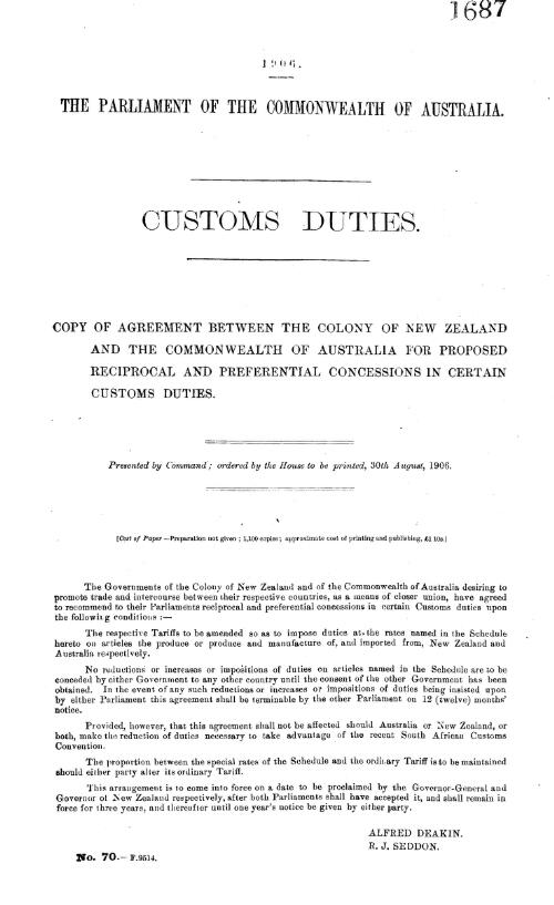 Customs duties. : Copy of agreement between the colony of New Zealand and the Commonwealth of Australia for proposed reciprocol and preferential concessions in certain customs duties