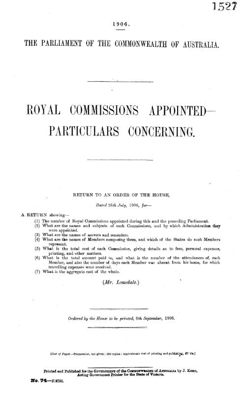 Royal Commissions appointed--particulars concerning
