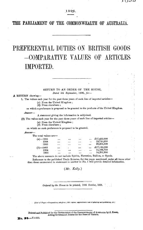 Preferential duties on British goods--comparative values of articles imported