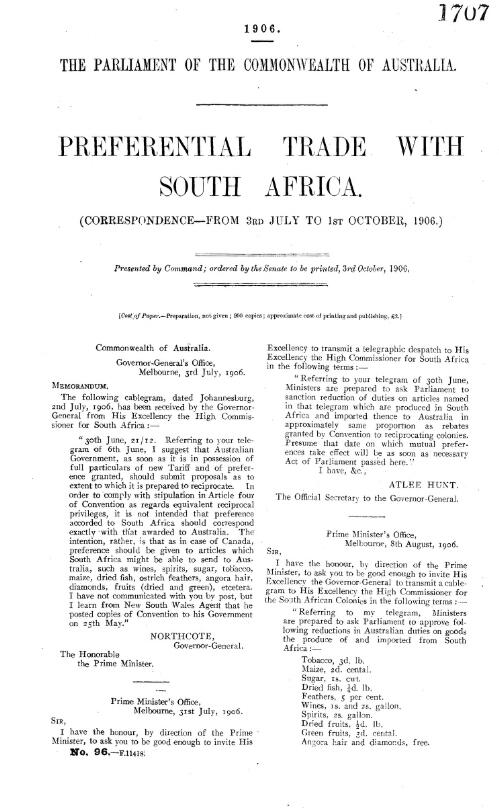 Preferential trade with South Africa. : (Correspondence --from 3rd July to 1st October, 1906.)