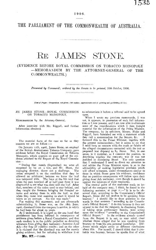 Re. James Stone. : (Evidence before Royal Commission on Tobacco Monopoly --Memorandum by the Attorney-General of the Commonwealth.)