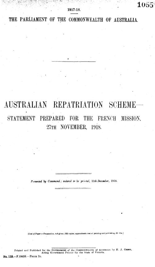 Australian Repatriation Scheme : statement prepared for the French mission, 27th November, 1918