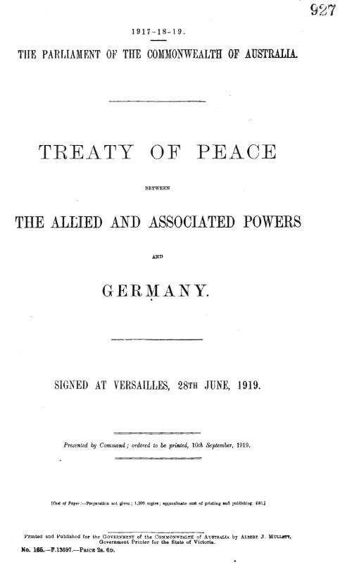 Treaty of peace between the allied and associated powers and Germany : signed at Versailles, 28th June, 1919