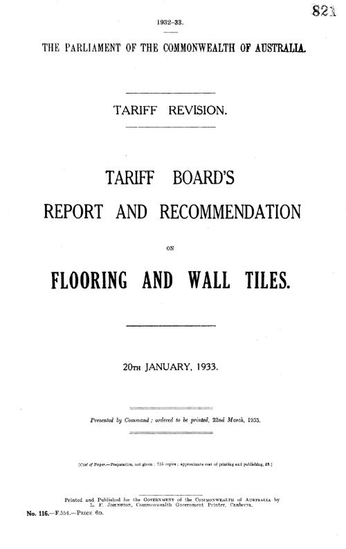Tariff Board's report and recommendation on flooring and wall tiles, 20th January, 1933