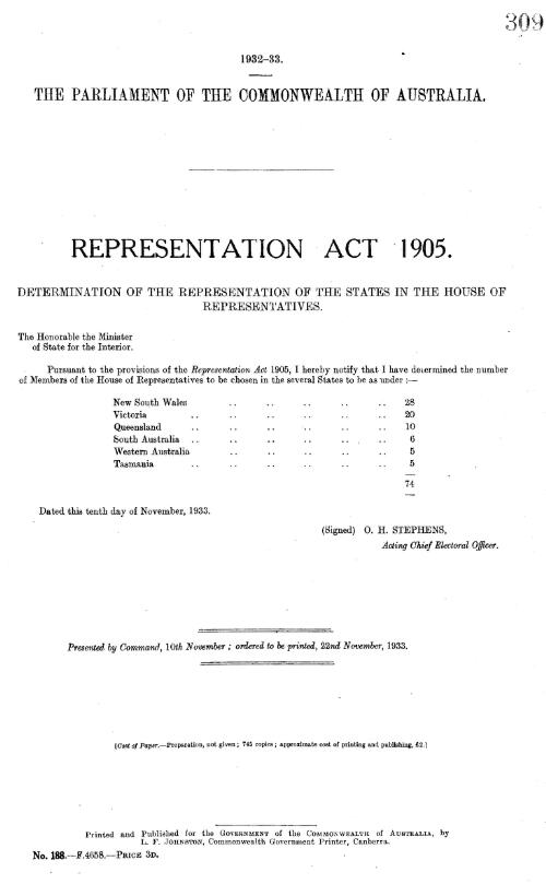Representation Act 1905 - Determination of the representation of the States in the House of Representatives - 1933