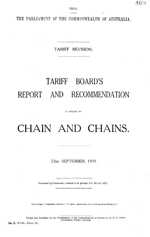 Tariff Board's report and recommendation in regard to chain and chains, 23rd September, 1931