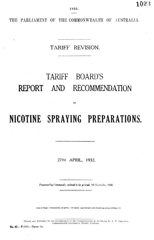 Tariff Board's report and recommendation on nicotine spraying preparations, 27th April, 1932