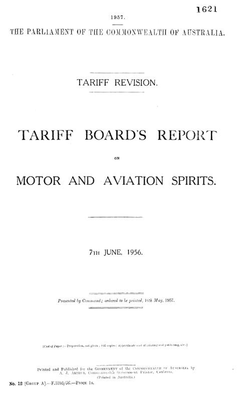 Tariff revision : Tariff Board's report on motor and aviation spirits, 7th June, 1956