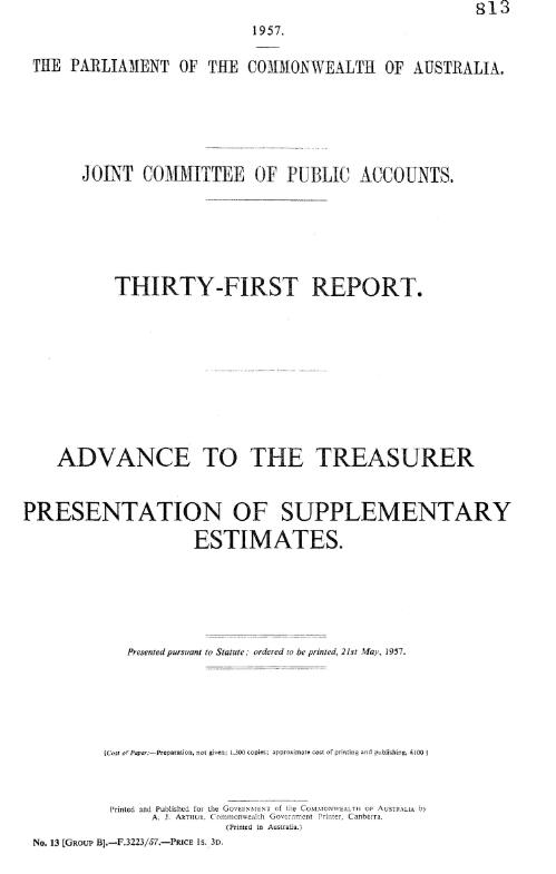 Advance to the Treasurer : presentation of supplementary estimates / Joint Committee of Public Accounts