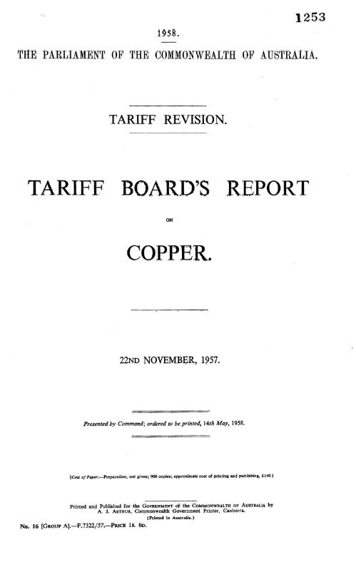 Tariff revision : Tariff Board's report on copper, 22nd November, 1957