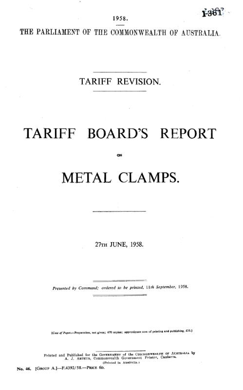 Tariff revision : Tariff Board's report on metal clamps, 27th June, 1958