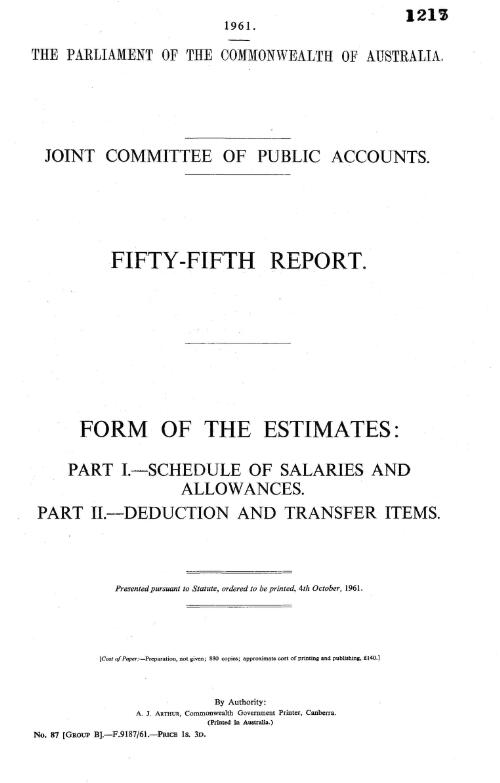 Form of the estimates : Part. I-Schedule of salaries and allowances, Part II-Deduction and transfer items / Joint Committee of Public Accounts