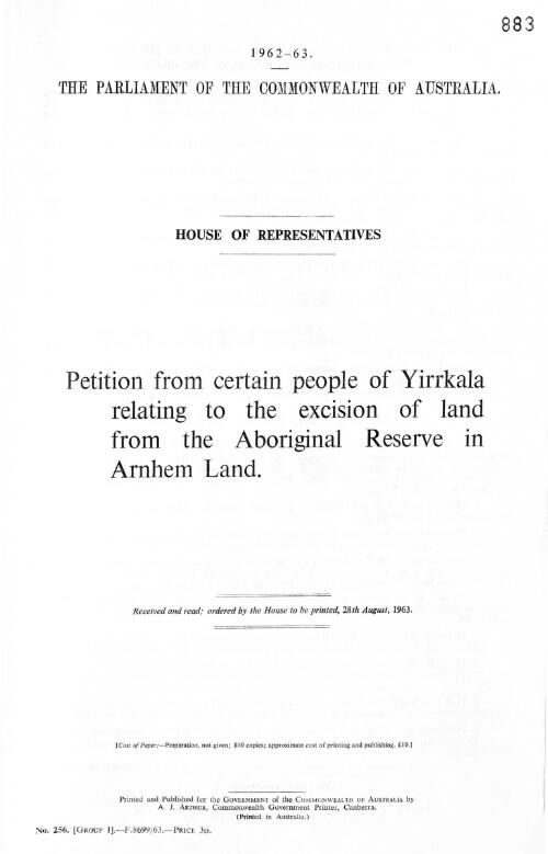 Petition from certain people of Yirrkala relating to the excision of land from the Aboriginal Reserve in Arnhem Land