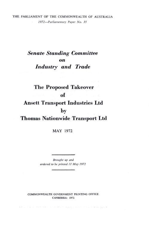 The proposed takeover of Ansett Transport Industries Ltd. by Thomas Nationwide Transport Ltd, May 1972