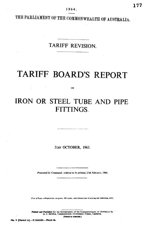 Tariff revision : Tariff Board's report on iron or steel tube and pipe fittings, 31st October, 1963