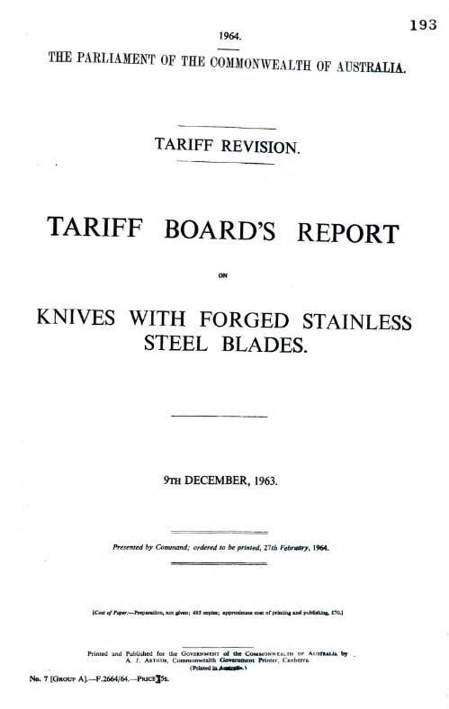 Tariff revision : Tariff Board's report on knives with forged stainless steel blades, 9th December, 1963