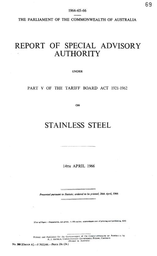 Report of Special Advisory Authority under part V of the tariff board act 1921-1962 on stainless steels, 14th April, 1963
