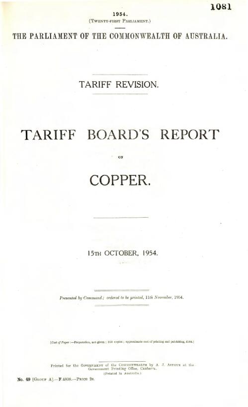 Tariff revision : Tariff Board's report on copper 15th Ocotber, 1954