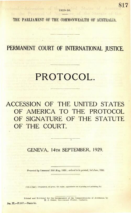 Protocol : accession of the United States of America to the protocol of signature of the statute of the Court / Permanent Court of International Justice