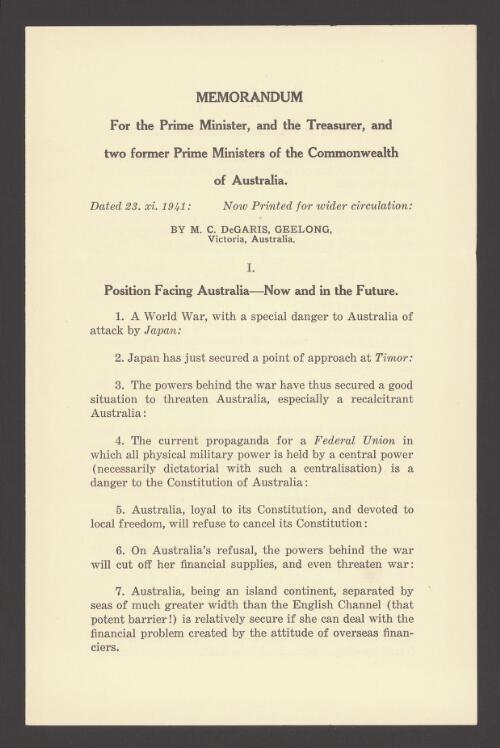 Memorandum for the prime minister, and the treasurer, and two former prime ministers of the Commonwealth of Australia / by M.C. DeGaris