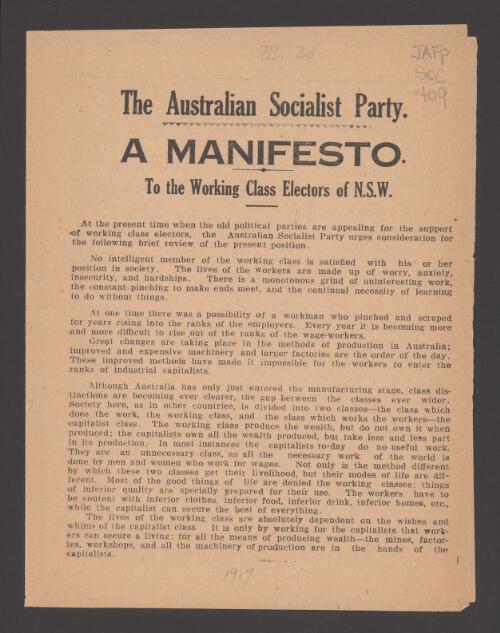 A Manifesto to the working class electors of N.S.W. / the Australian Socialist Party