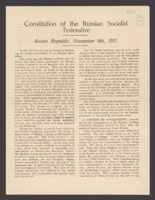 Constitution of the Russian socialist federative : Soviet Republic, November 8th, 1917