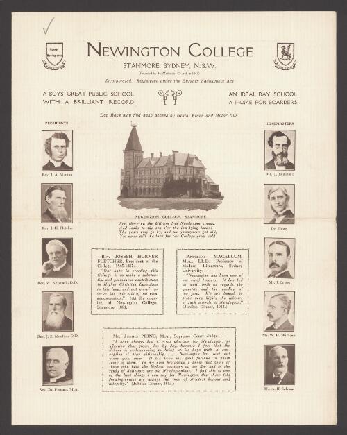 Newington College, Stanmore, Sydney, N.S.W. : founded by the Methodist Church in 1863
