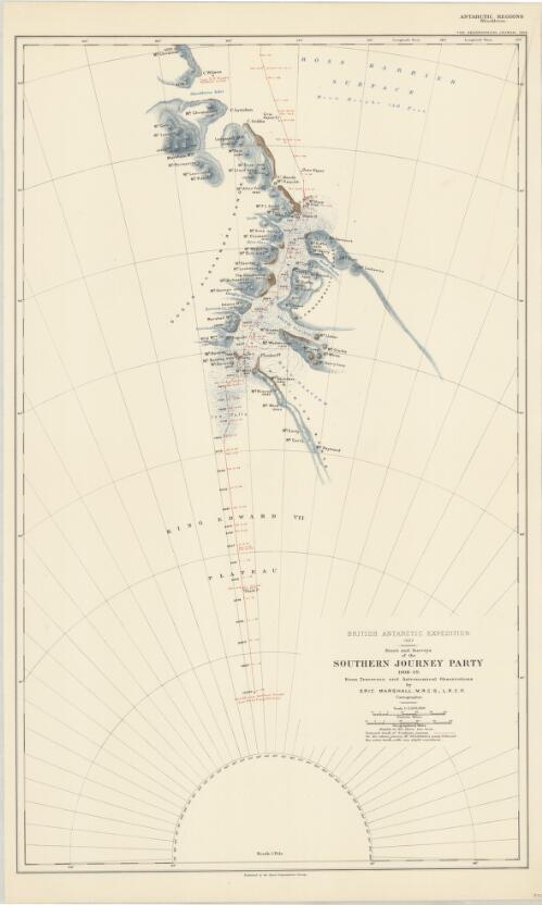 British Antarctic Expedition, 1907 [cartographic material] : route and surveys of the Southern Journey Party, 1908-09 : from traverses and astronomical observations / Eric Marshall, cartographer