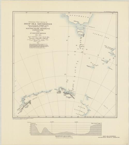 Preliminary chart showing the deep sea soundings taken on board the 'Aurora' during the 1st and 2nd years work of the Australasian Antarctic Expedition under Douglas Mawson, 1912-1913 [cartographic material]