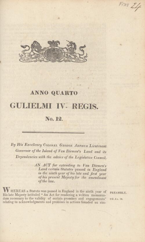 An act for extending to Van Diemen's Land certain statutes passed in England in the ninth year of His late and first year of His present Majesty for the amendment of the law