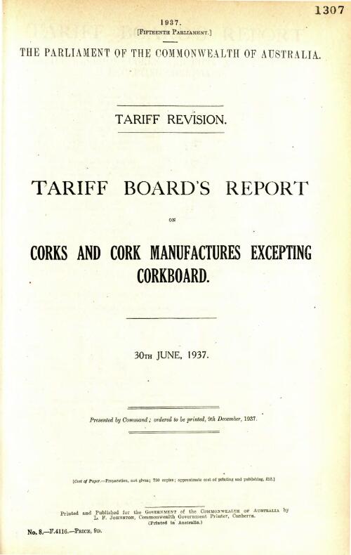 Tariff revision : Tariff Board's report on corks and cork manufactures excepting corkboard, 30th June, 1937