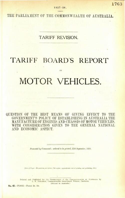 Tariff revision : Tariff Board's report on motor vehicles